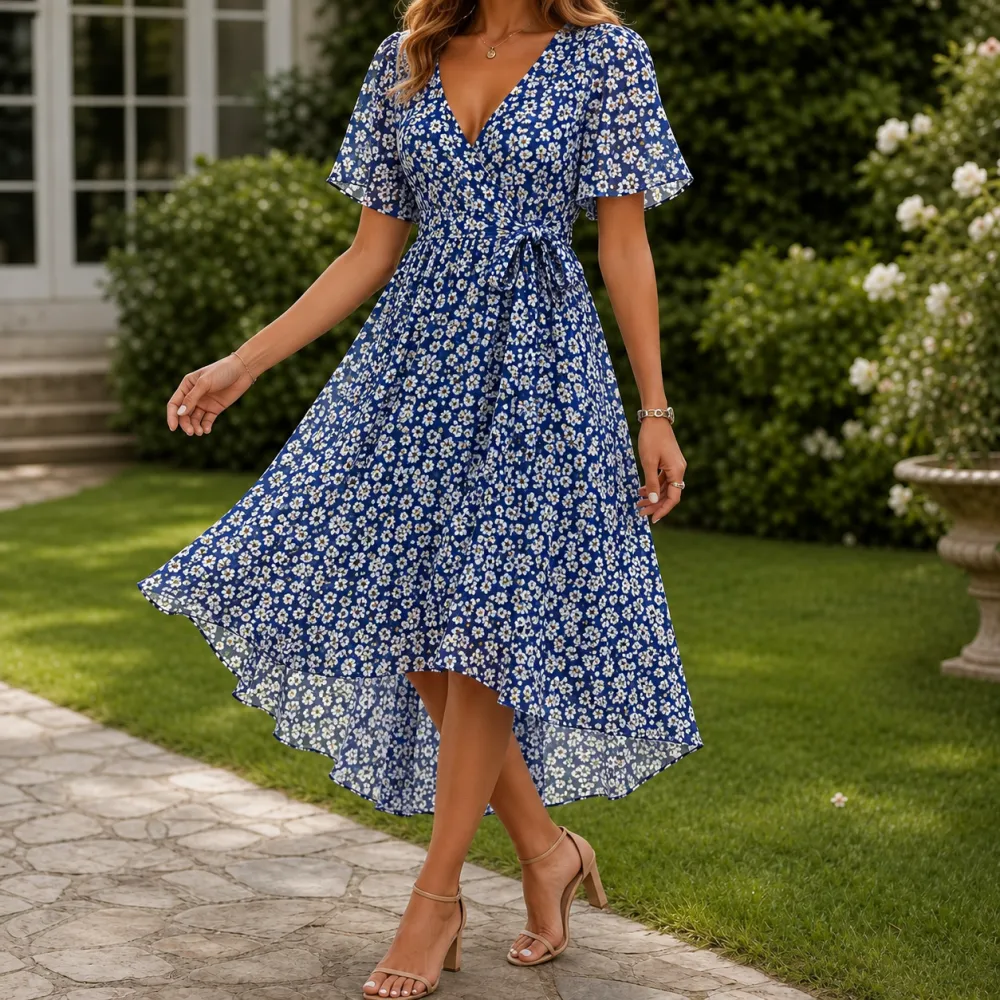 High-Low Wrap Midi Dress