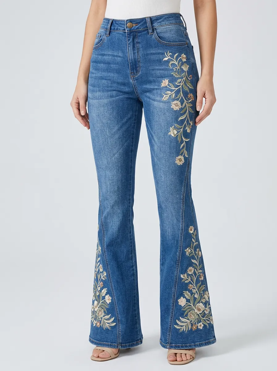 Women's Medium Wash Floral Embroidery Side Embroidery Flare Jeans
