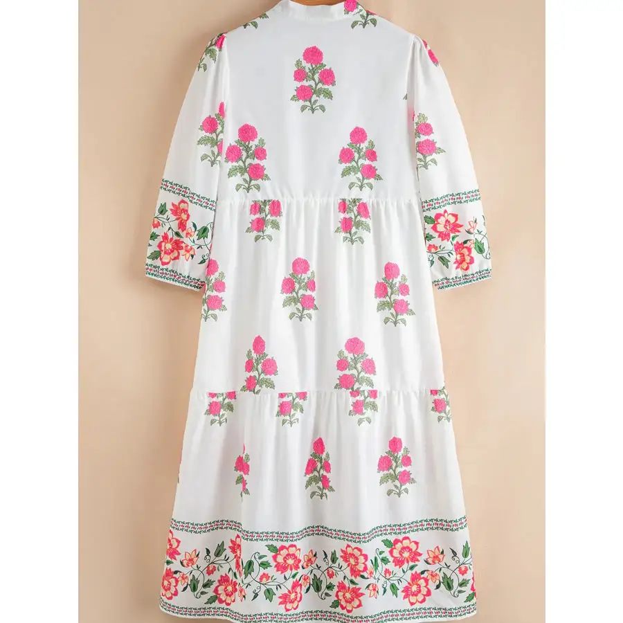 Relaxed Floral Print Half Button Mandarin Neck Sleeve Maxi Dress