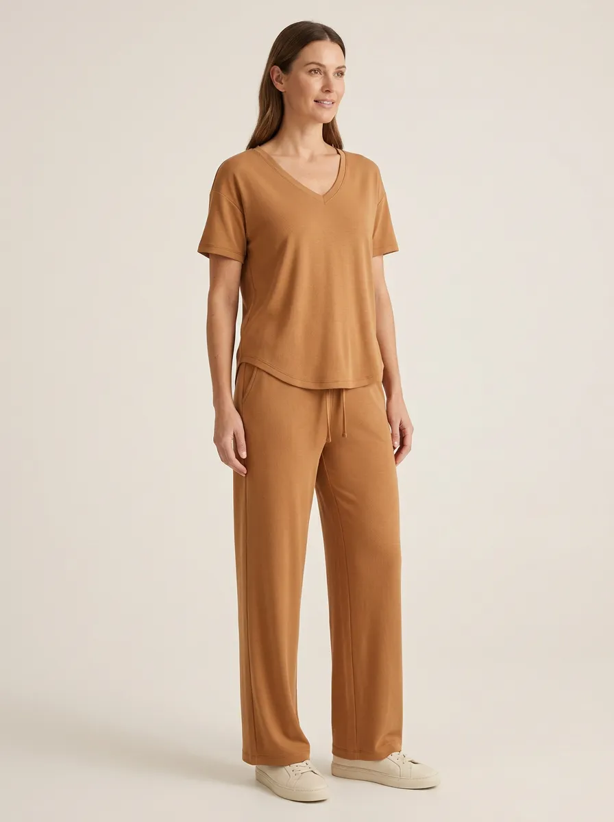 Women's Curved-Hem V-Neck T-Shirt and Wide-Leg Pants Set