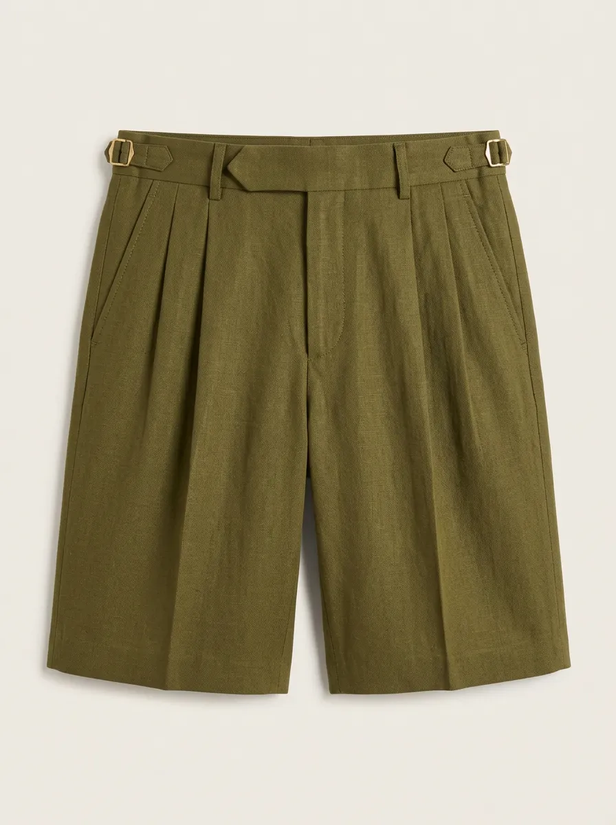 Men's Olive Green Pleated Side Buckle Linen Shorts