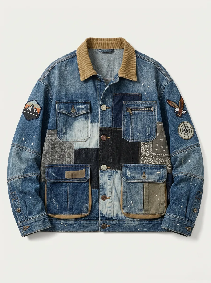 Men's Outdoor Adventure Patchwork Denim Printed Jacket