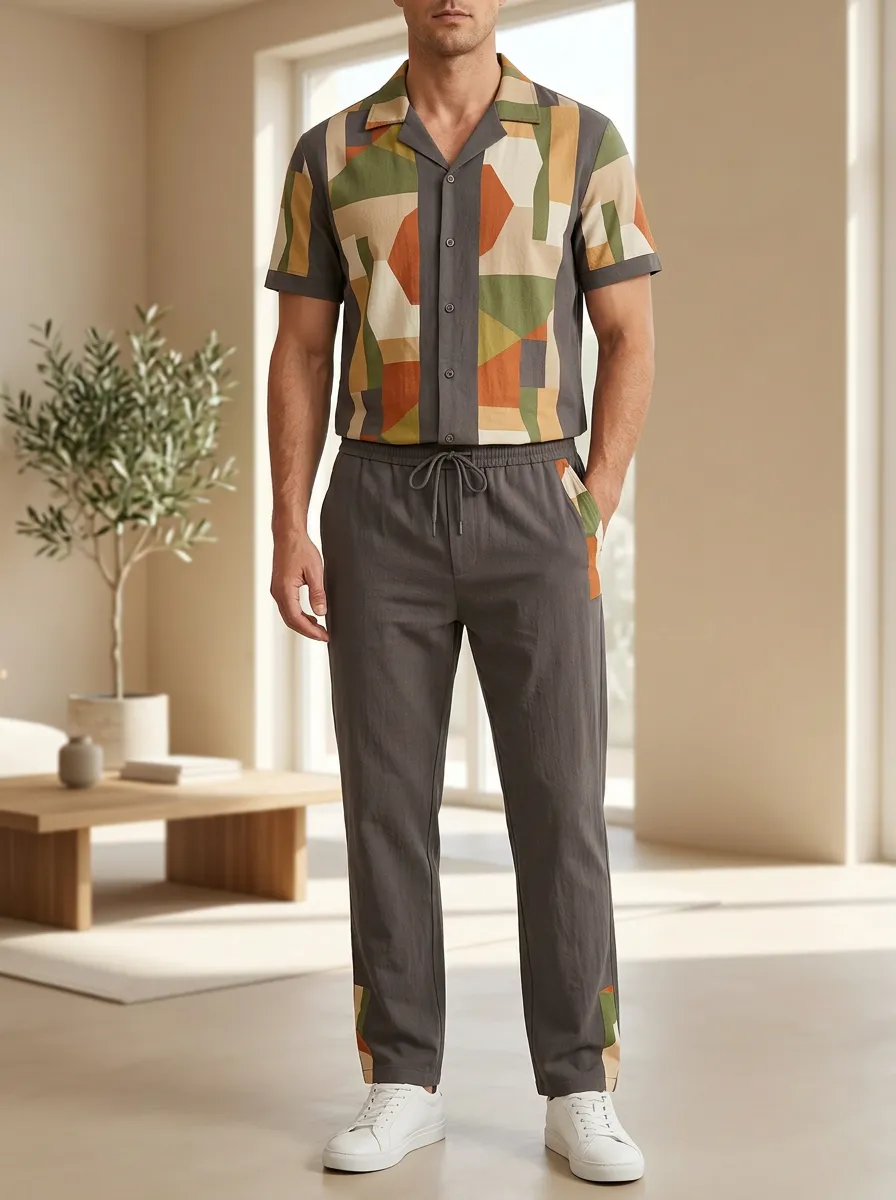 Men's Geometric Pattern Printed Casual Lounge Set