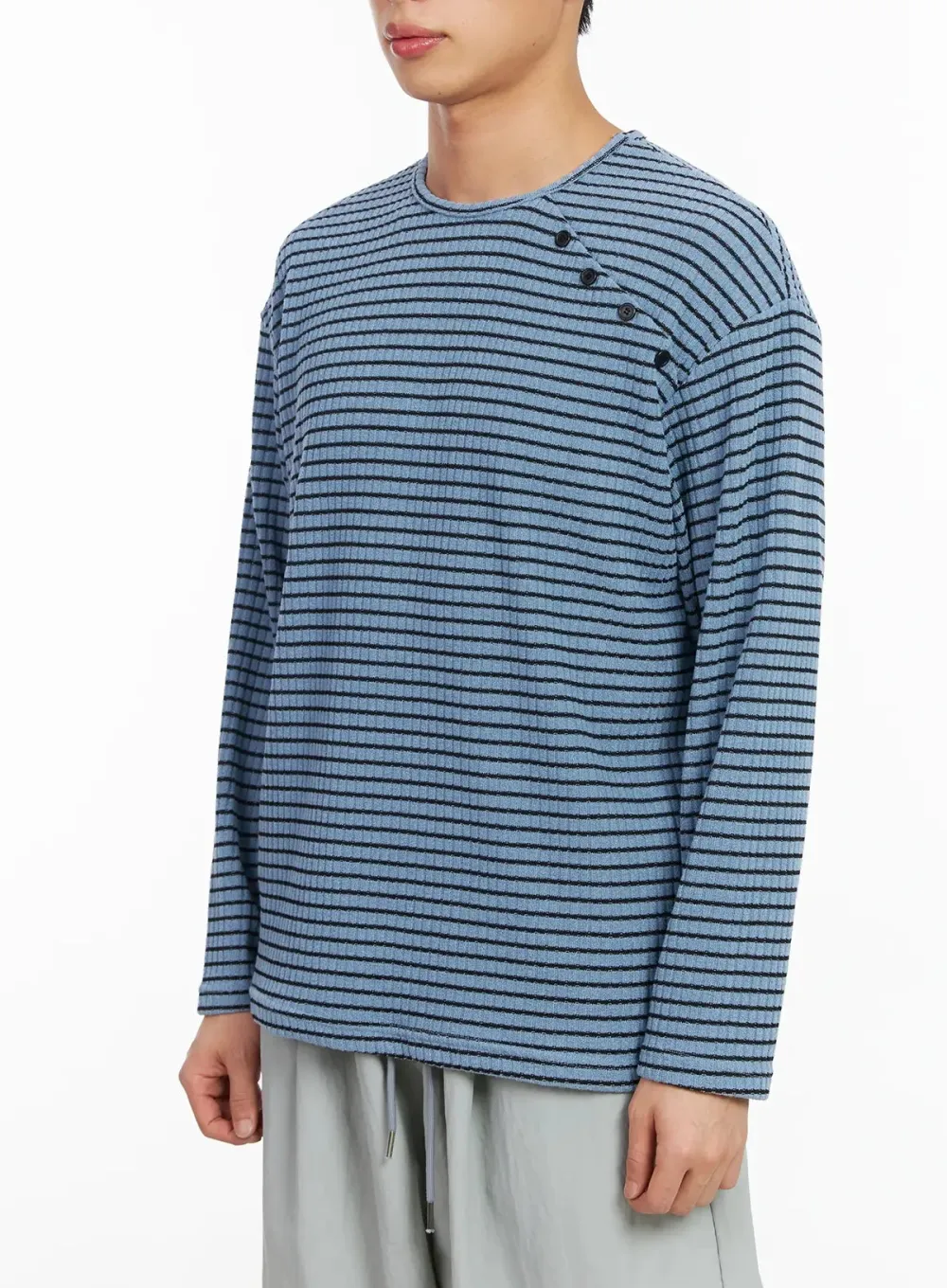 Men's Button-Accent Stripe Long Sleeve Tee