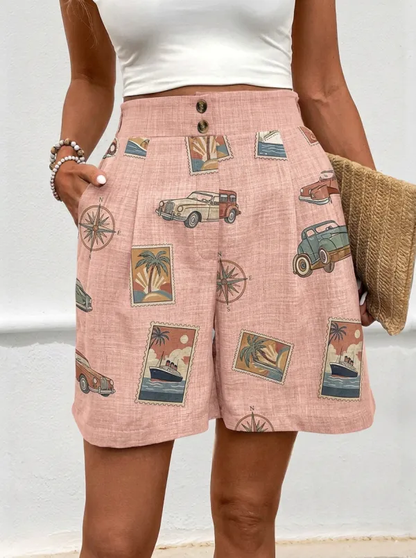 Women's Travel Vintage Stamp Car Compass Graphic Shorts