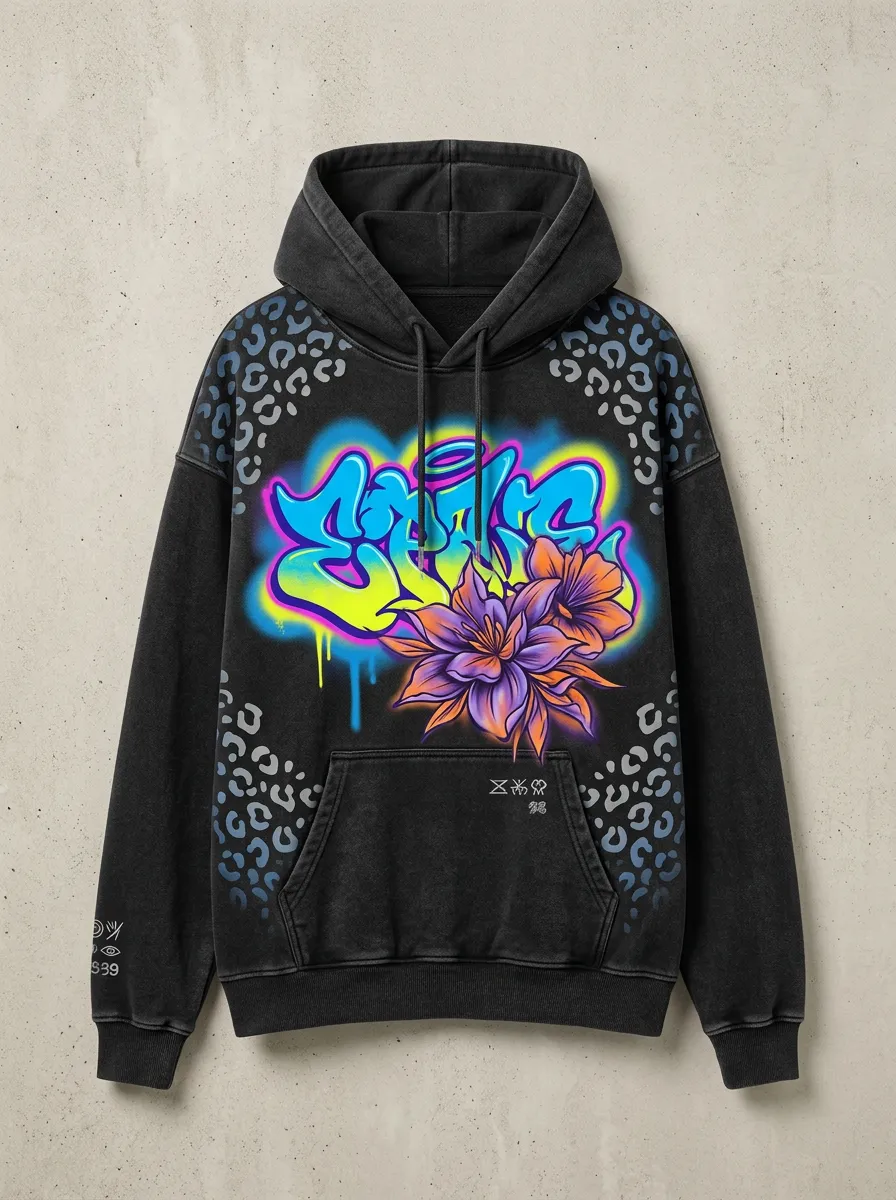 Unisex Canvas Graffiti Floral Leopard Graphic Hoodie