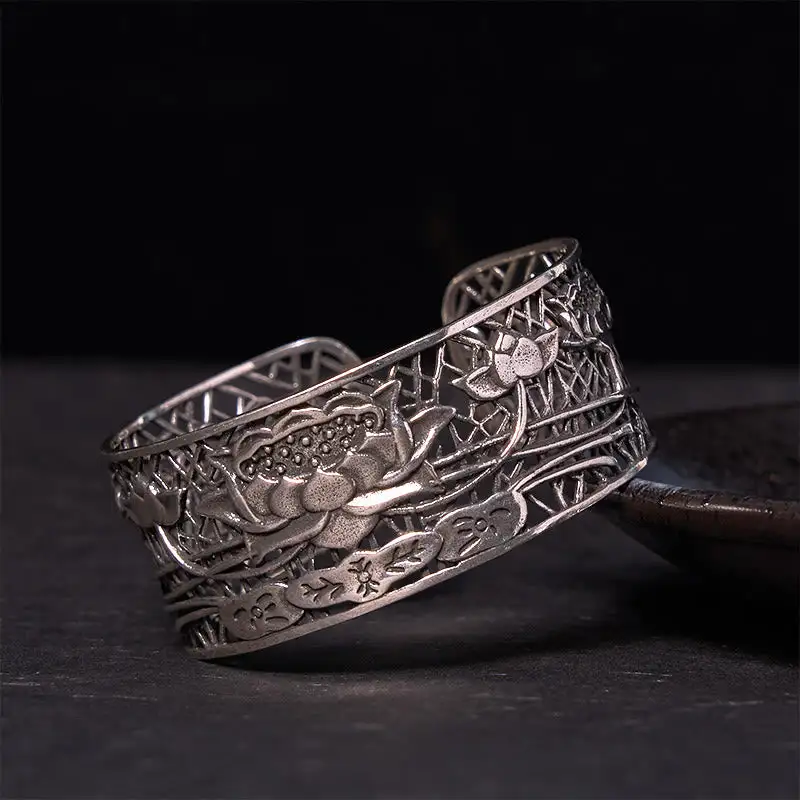 Hollow Lotus Plated Copper Bangle Bracelet