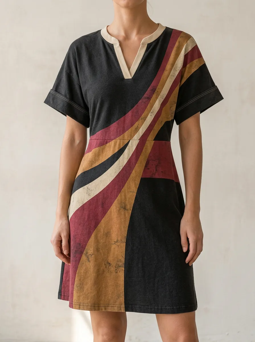 Women's Retro Abstract Stripe Printed V-Neck Dress