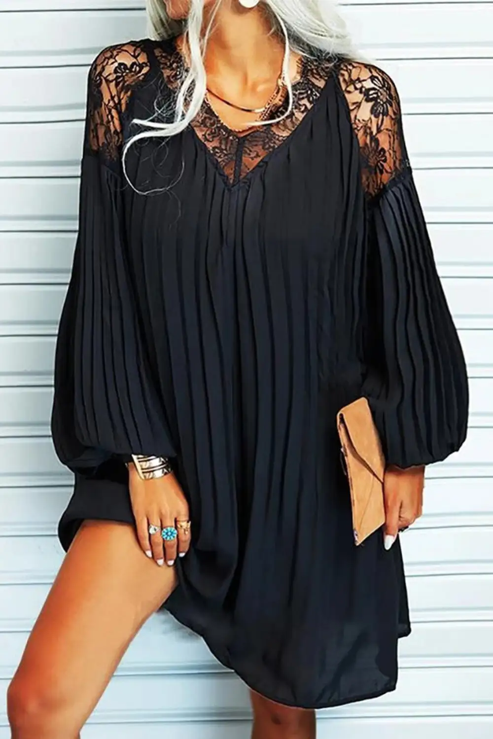 Lace Detail Pleated Mixed Panel Mini Dress