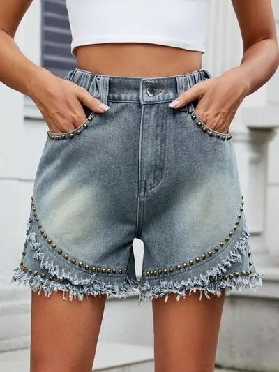 Raw Hem Studded Shorts Denim Pants