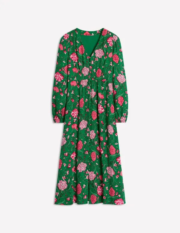 Button Front Collar V neck Long Sleeve Dress