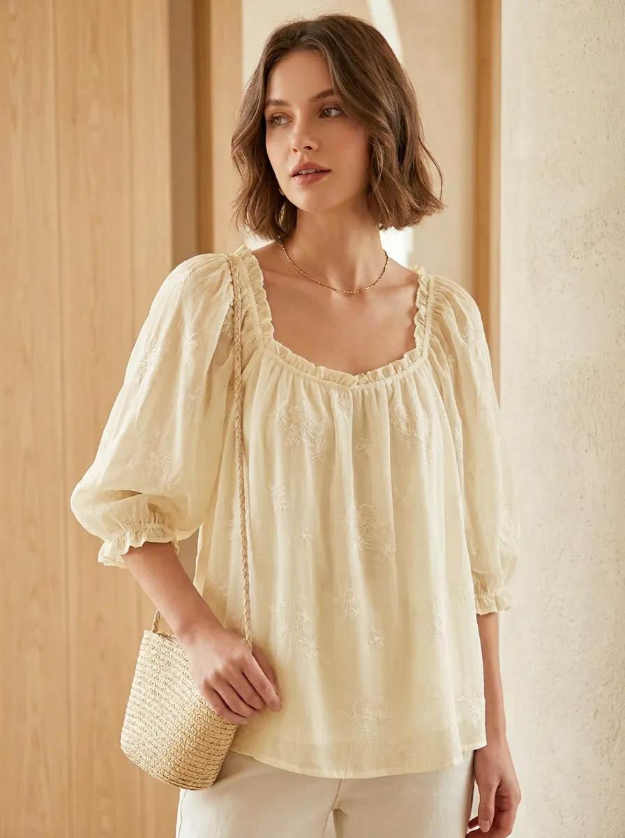 Casual Embroidered Floral Women's Puff-Sleeve Blouse