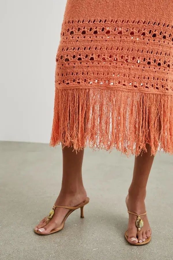 Terracotta Knit Fringe Hem Midi Skirt