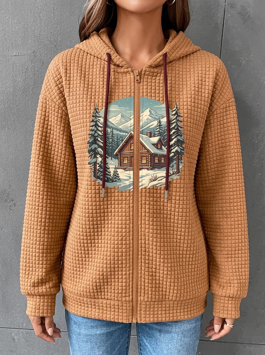 Women's Christmas Cabin Mountain Waffle-Knit Zip Hoodie