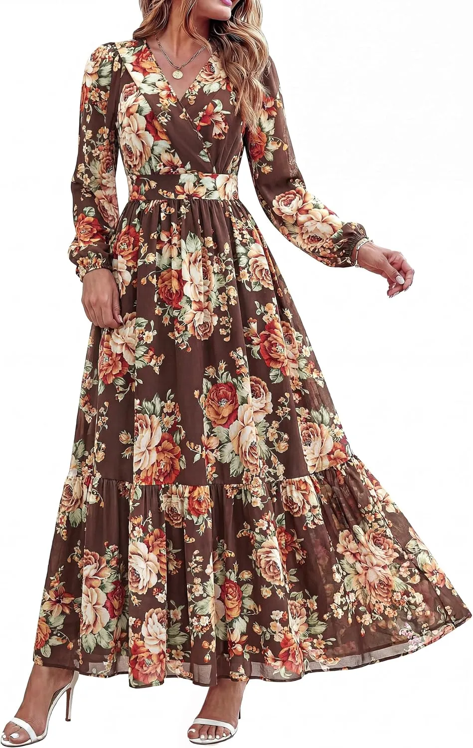 dowerme Women Fall Long Sleeve Wrap V Neck Floral Belted Boho Maxi Dress