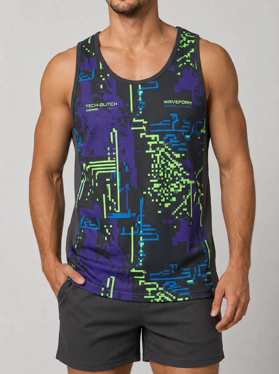 Men's Cyberpunk Tech-Glitch Waveform Printed Tank Top