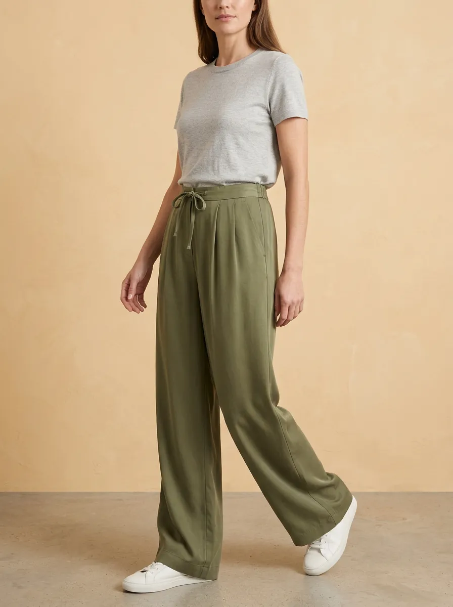 Wide-Leg Drawstring Pleated Casual Casual Wide Leg Pants