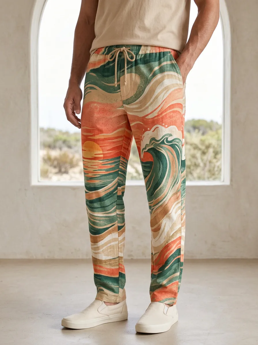 Men's Relaxed-Fit Landscape Print Drawstring Trousers
