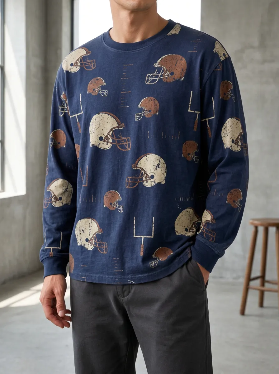 Men's Football Fan Helmet Goalpost Printed Long Sleeve Top