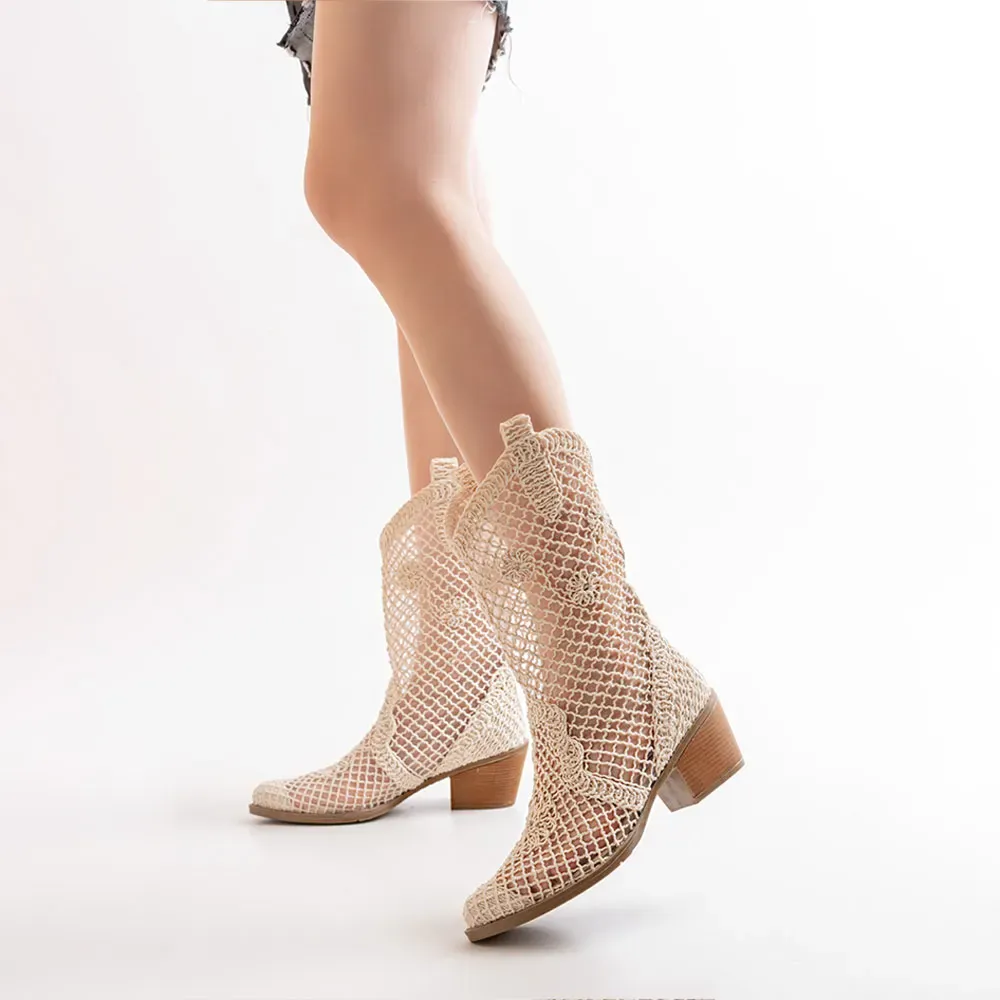 Fishnet Floral Pointed-Toe Block-Heel Western Boots