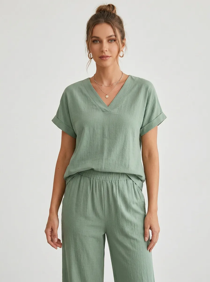 Short-Sleeve Rolled-Sleeve Women's V-Neck Shirt