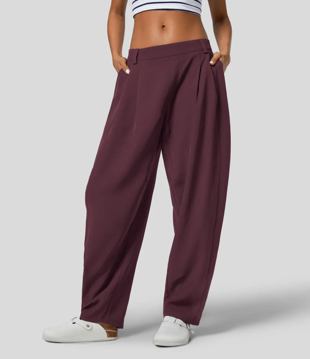 Mid Rise Plicated Side Pocket Barrel Leg Work Pants