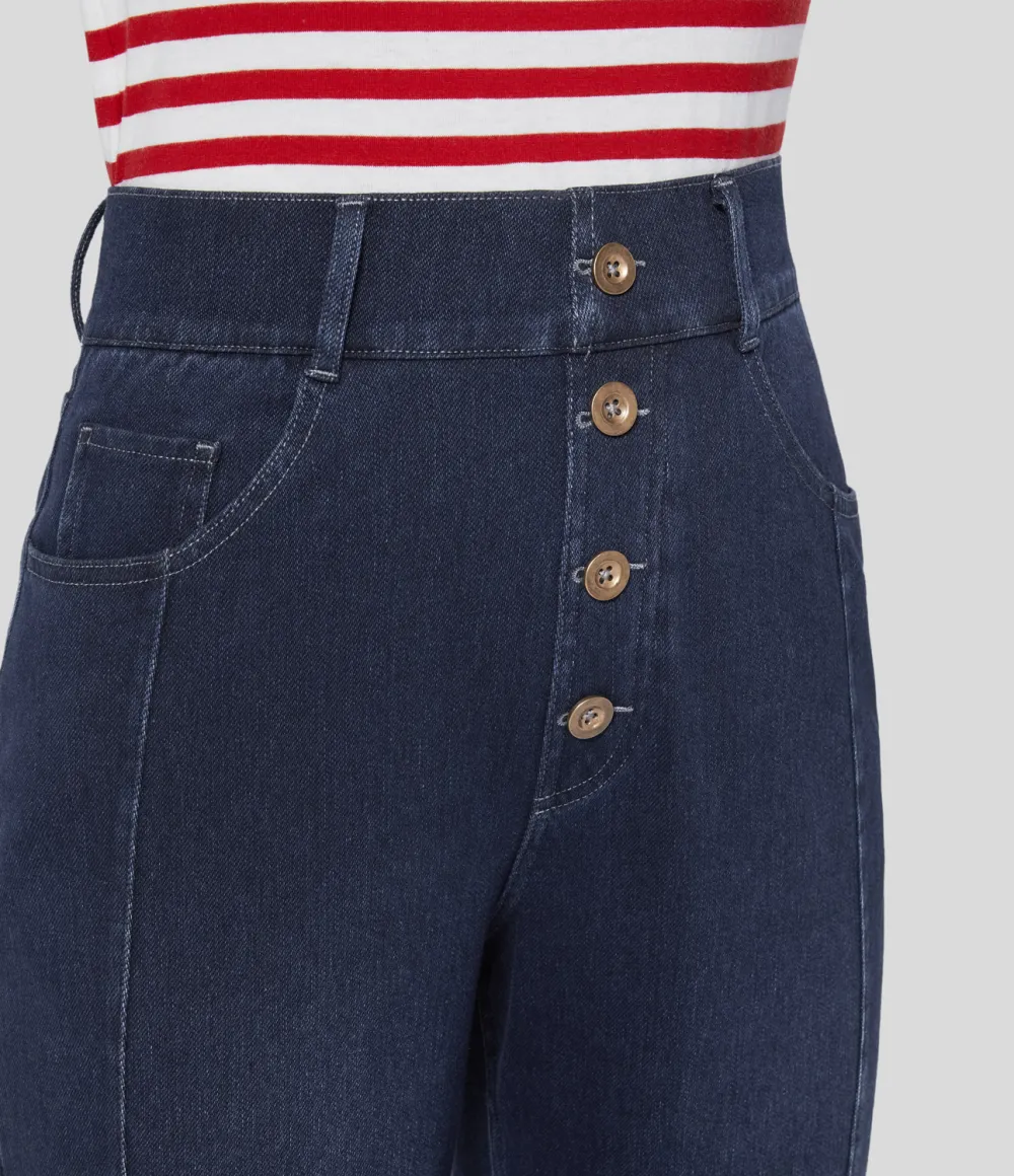 Magic High Waisted Decorative Button Multiple Pockets Straight Leg Stretchy Knit Casual Boyfriend Jeans
