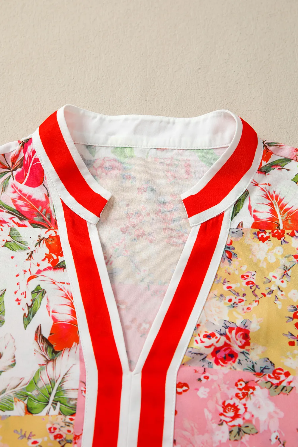 Pink Contrast Collared V Neck Blouse