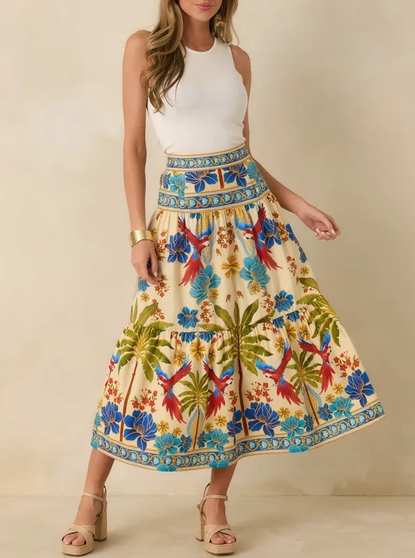 Multi Print Tiered Maxi Skirt