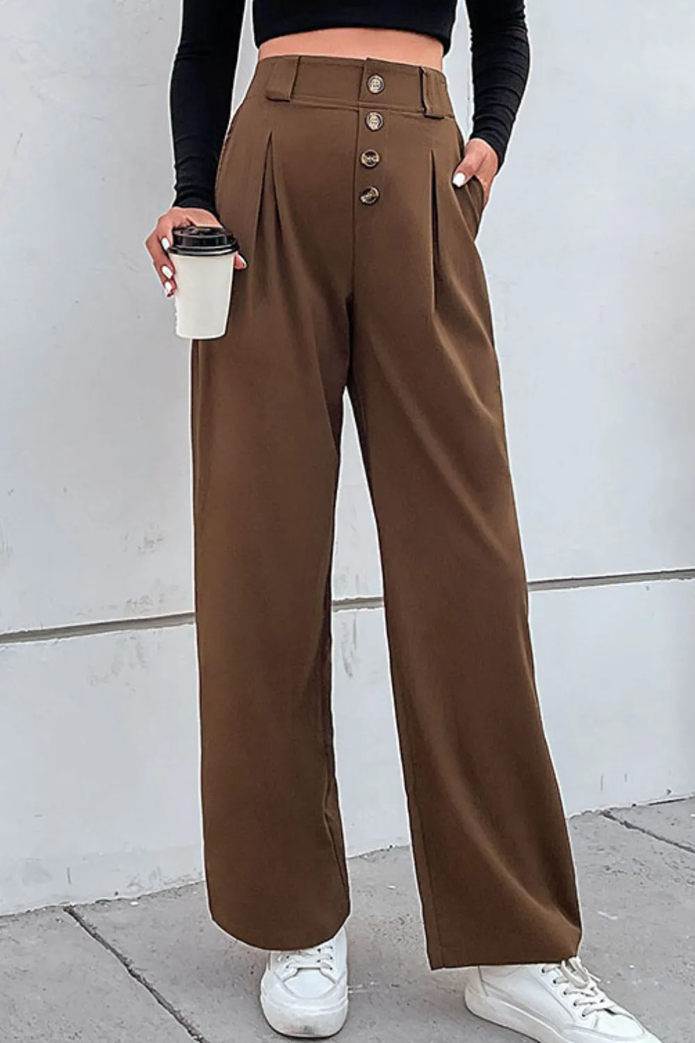 Wide Leg Pleated Pocketed Button Detail Pants