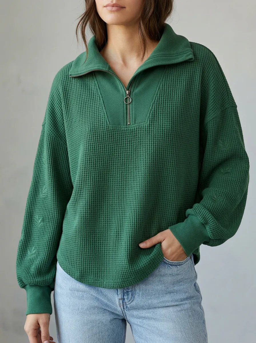 Textured Casual Leaf Embroidered Waffle Knit Quarter Zip Top