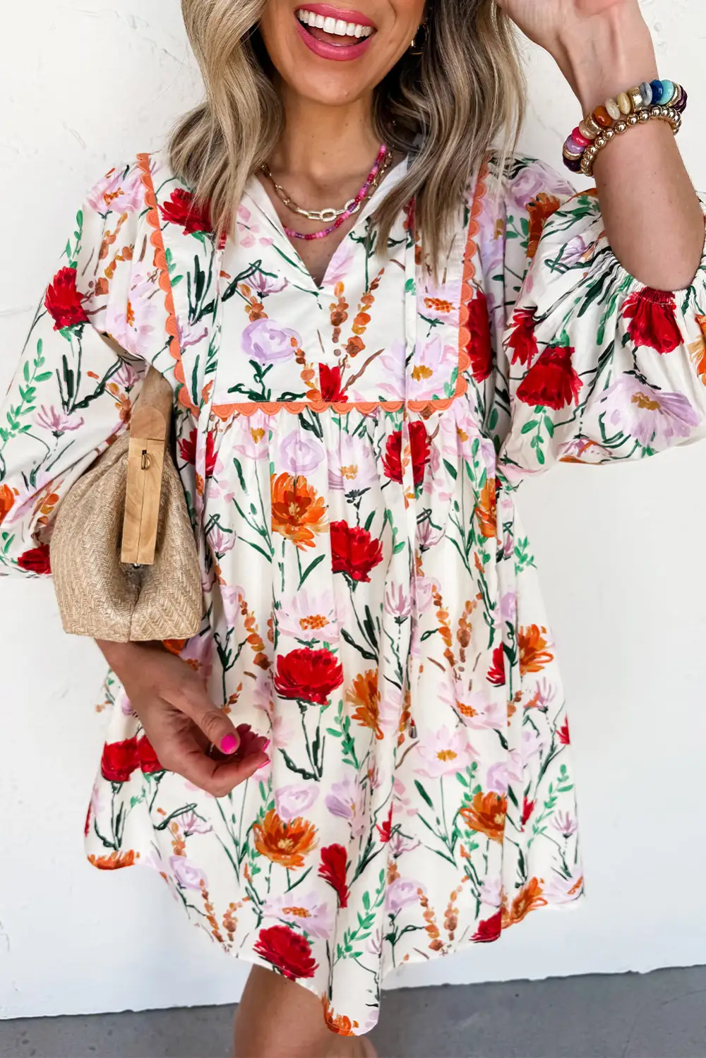 Layered Detail Floral Printed Puff Sleeve Mini Dress
