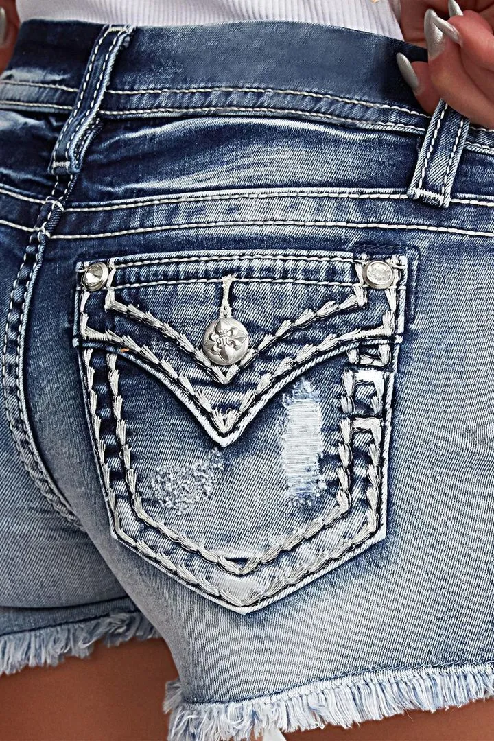 Embroidered Ripped Raw Hem Denim Shorts