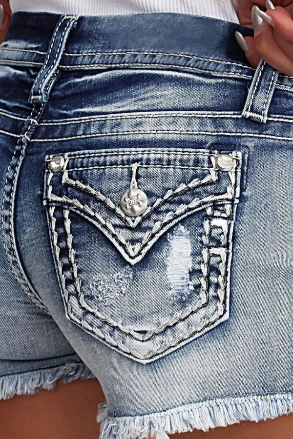Embroidered Ripped Raw Hem Denim Shorts