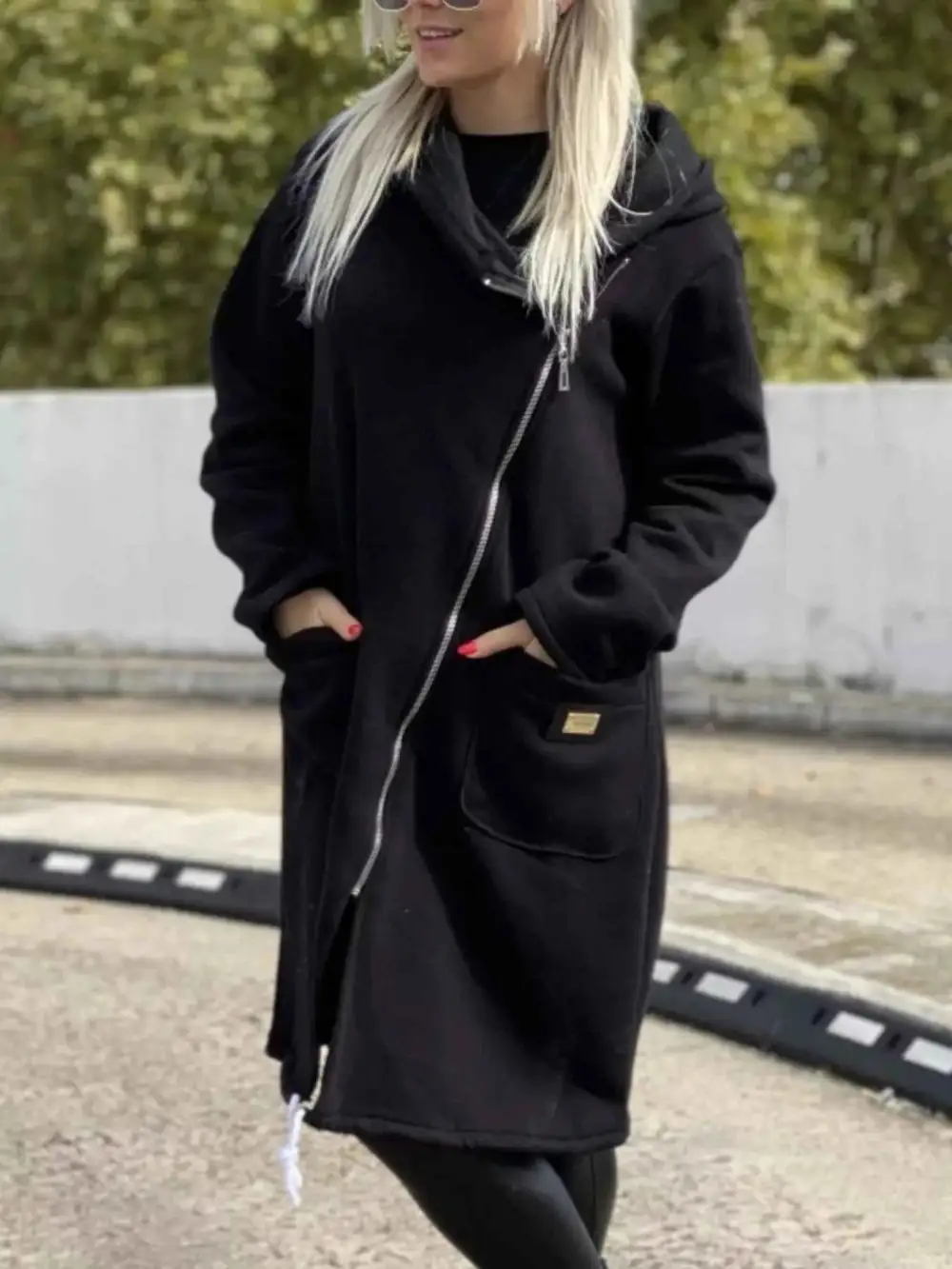Plus Size Asymmetrical Zip-Up Hooded Fleece Outerwear