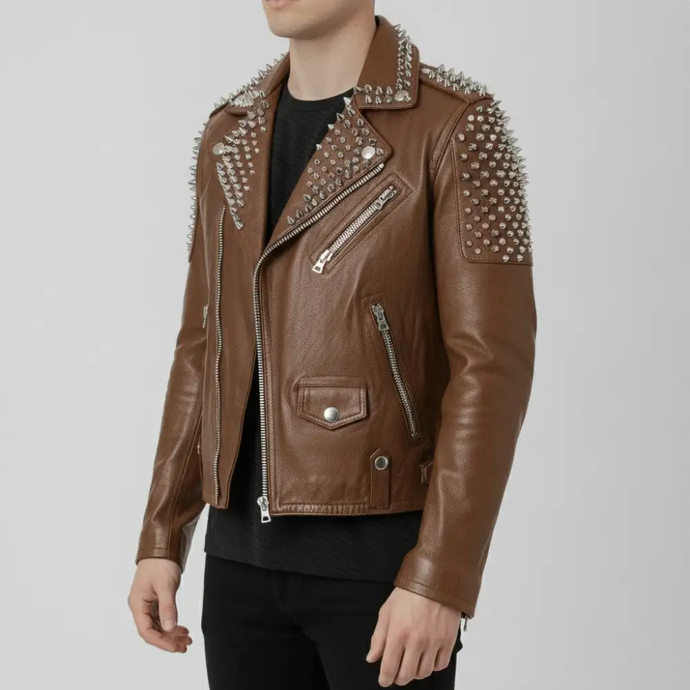 Classic Cowhide Biker Motorcycle Studded Jacket