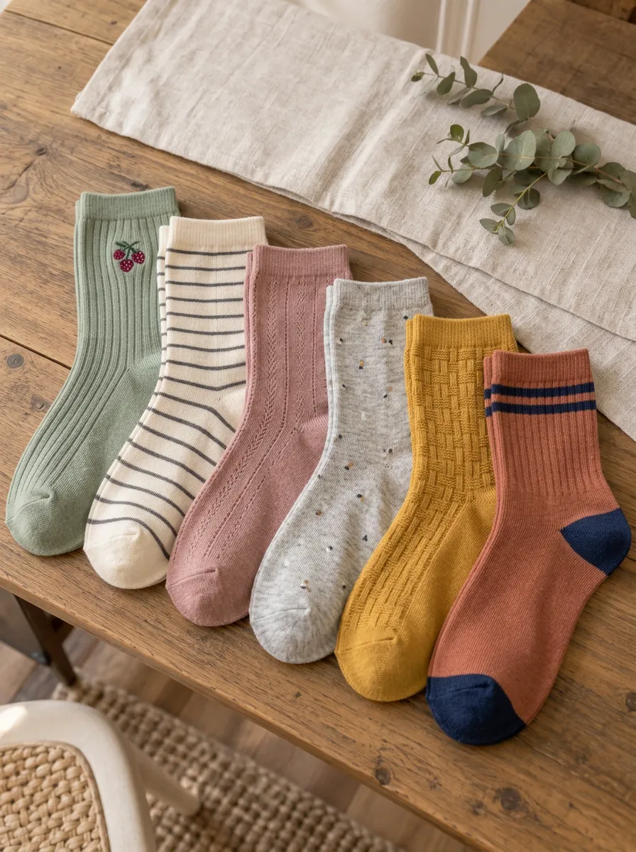 Women's Vintage Style Cherry Striped Floral Printed Socks Set