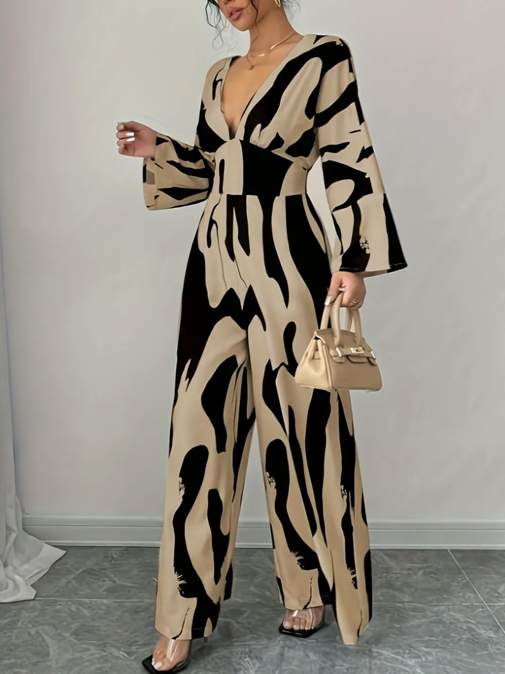 Abstract Print V Neck Wide Leg Jumpsuit
