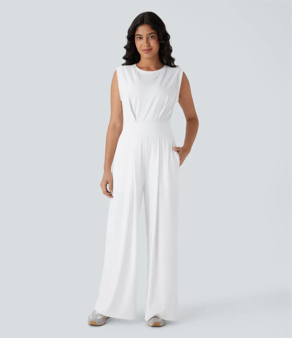 SoftlyZero QuickDry Round Neck Sleeveless Keyhole Pocket Yoga Jumpsuit-Easy Peezy Edition