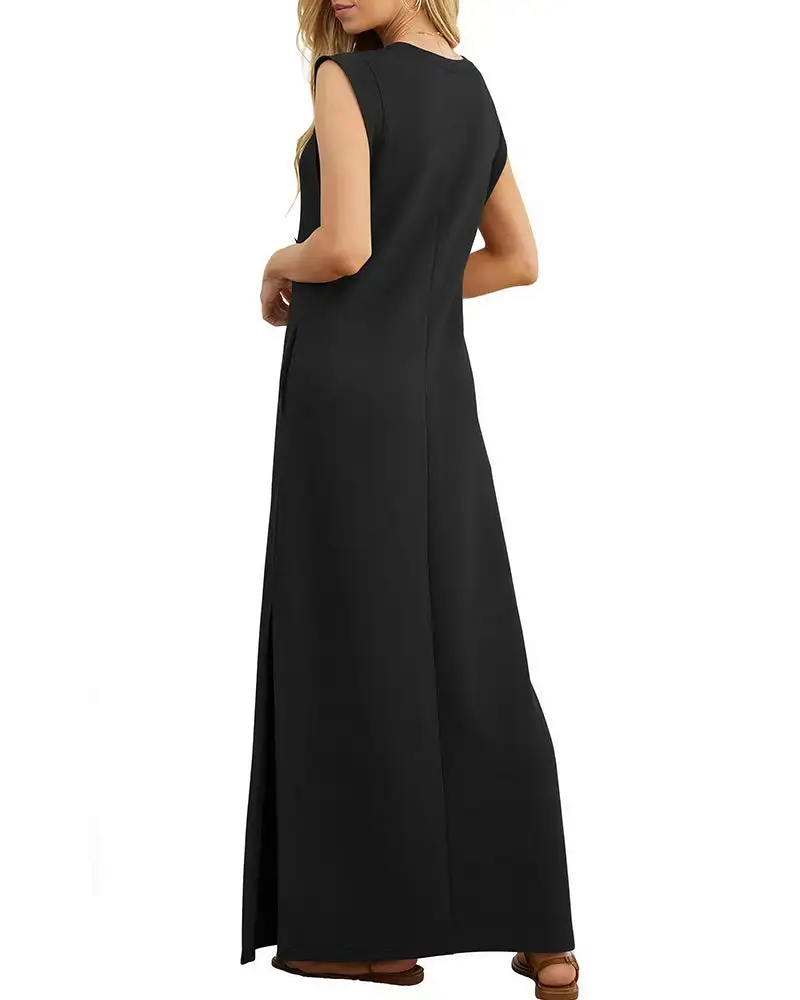 Casual Sleeveless Split Maxi Dress With Pockets