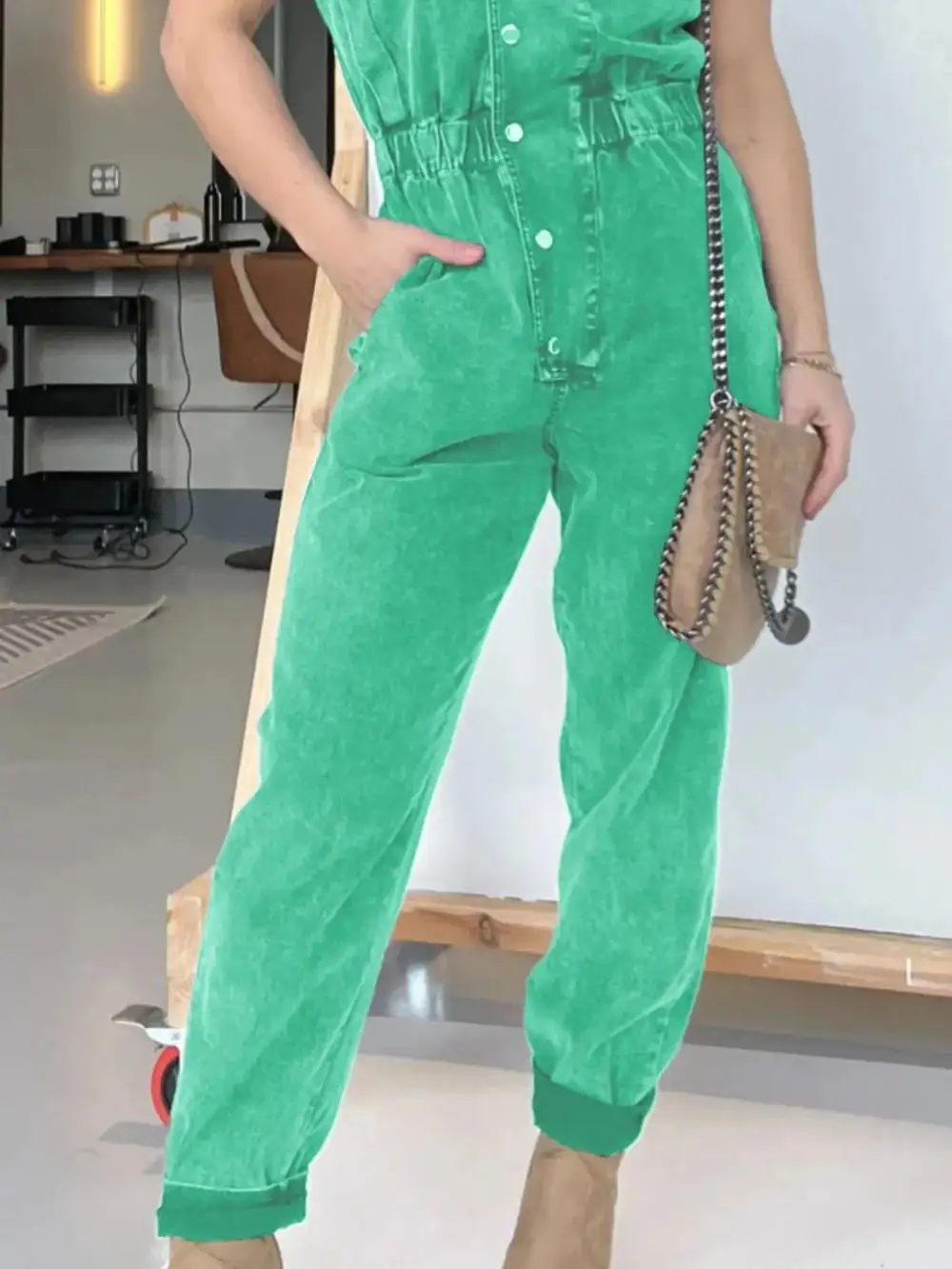 Modern Denim Button Front Jumpsuit