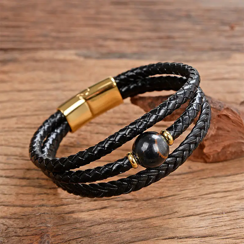 Bead Tiger Eye Amethyst Craved Leather Bracelet