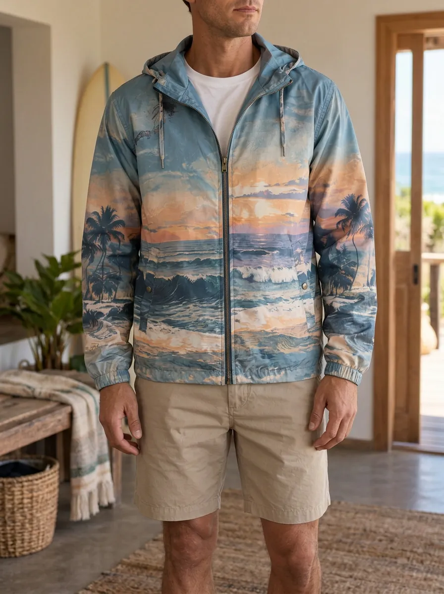 Men's Beach Lover Tropical Sunset Ocean Wave Printed Jacket