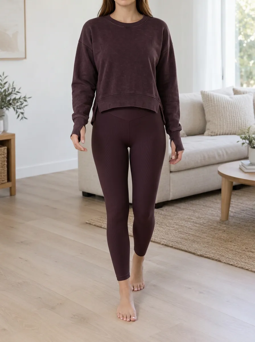 Women's Mineral Wash Ribbed Crewneck Sweatshirt Leggings Set