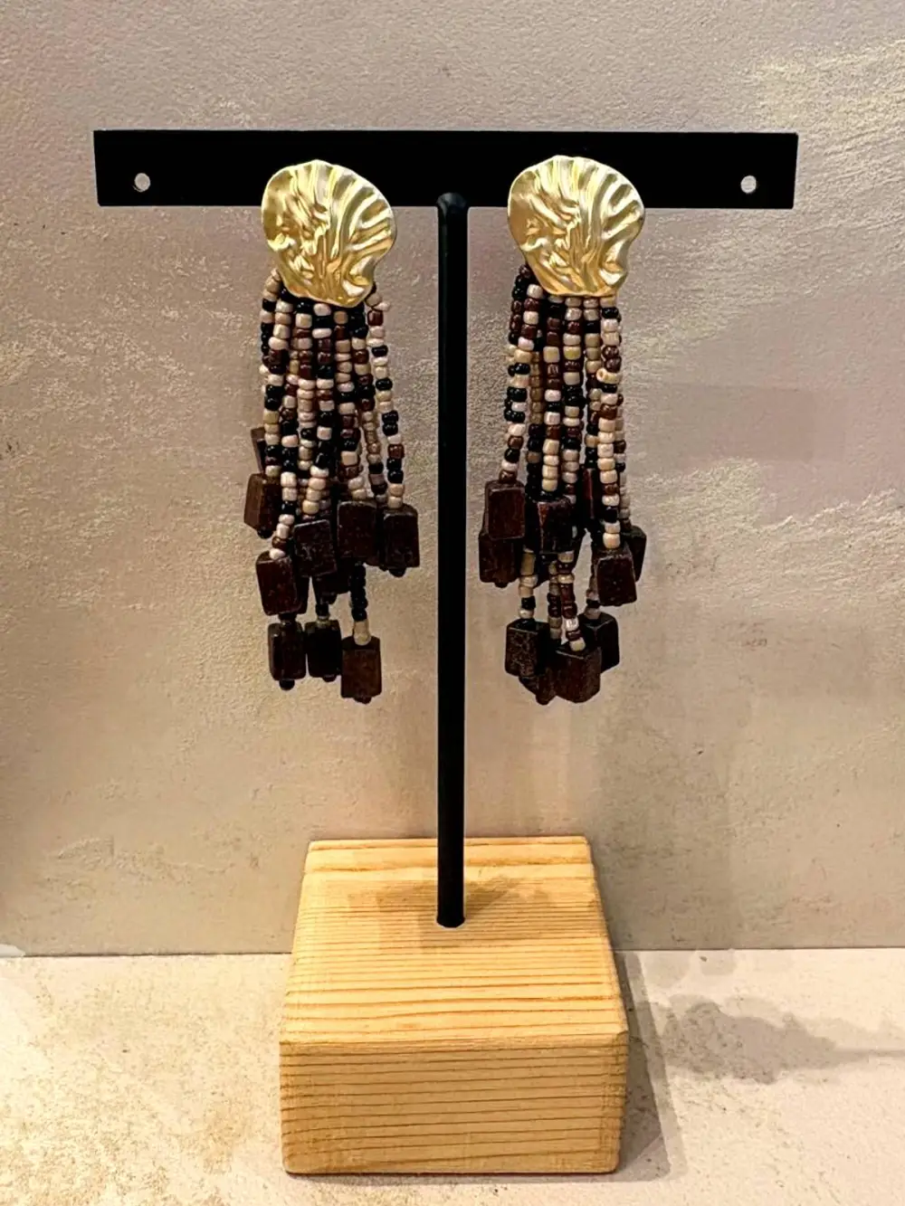 Round Beaded Wood Earrings