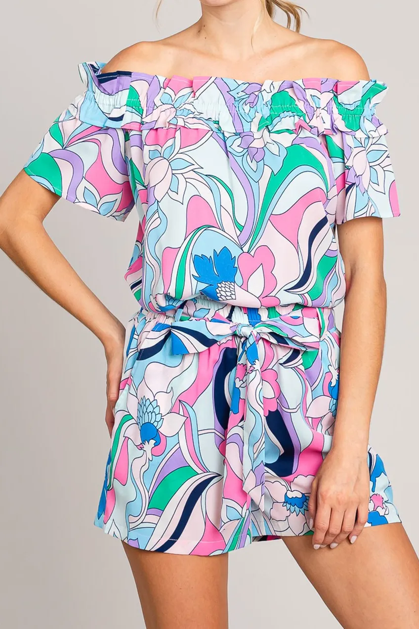 Abstract Print Tie Front Shorts