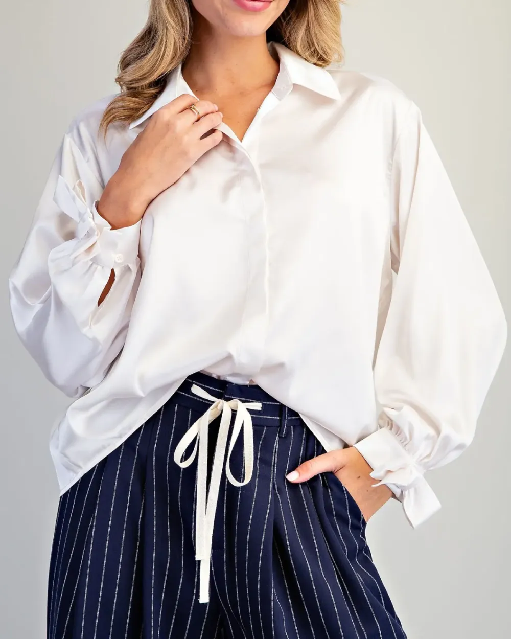 Ribbon Cuff Satin Blouse