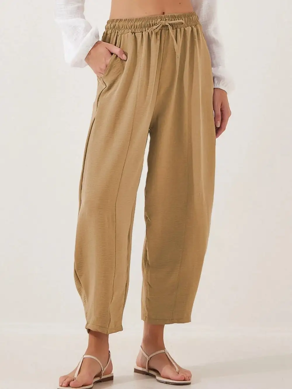 Full Size Drawstring Wide Leg Cropped Pants Plus Size