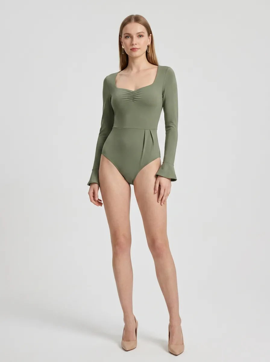 Women's Olive Green Square Neck Ruched Long Sleeve Bodysuit