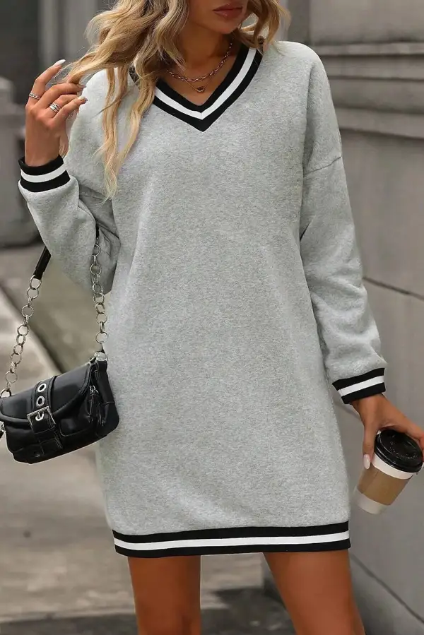 Women's Striped V Neck Long Sleeve T Shirt Top Mini Dress